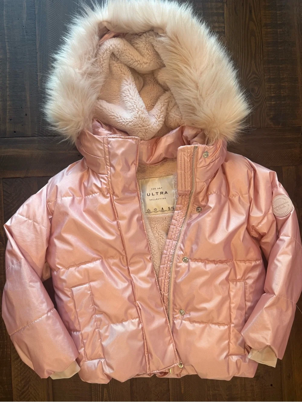 abercrombie kids Pink Shiny Faux-Fur Hooded Puffer Jacket